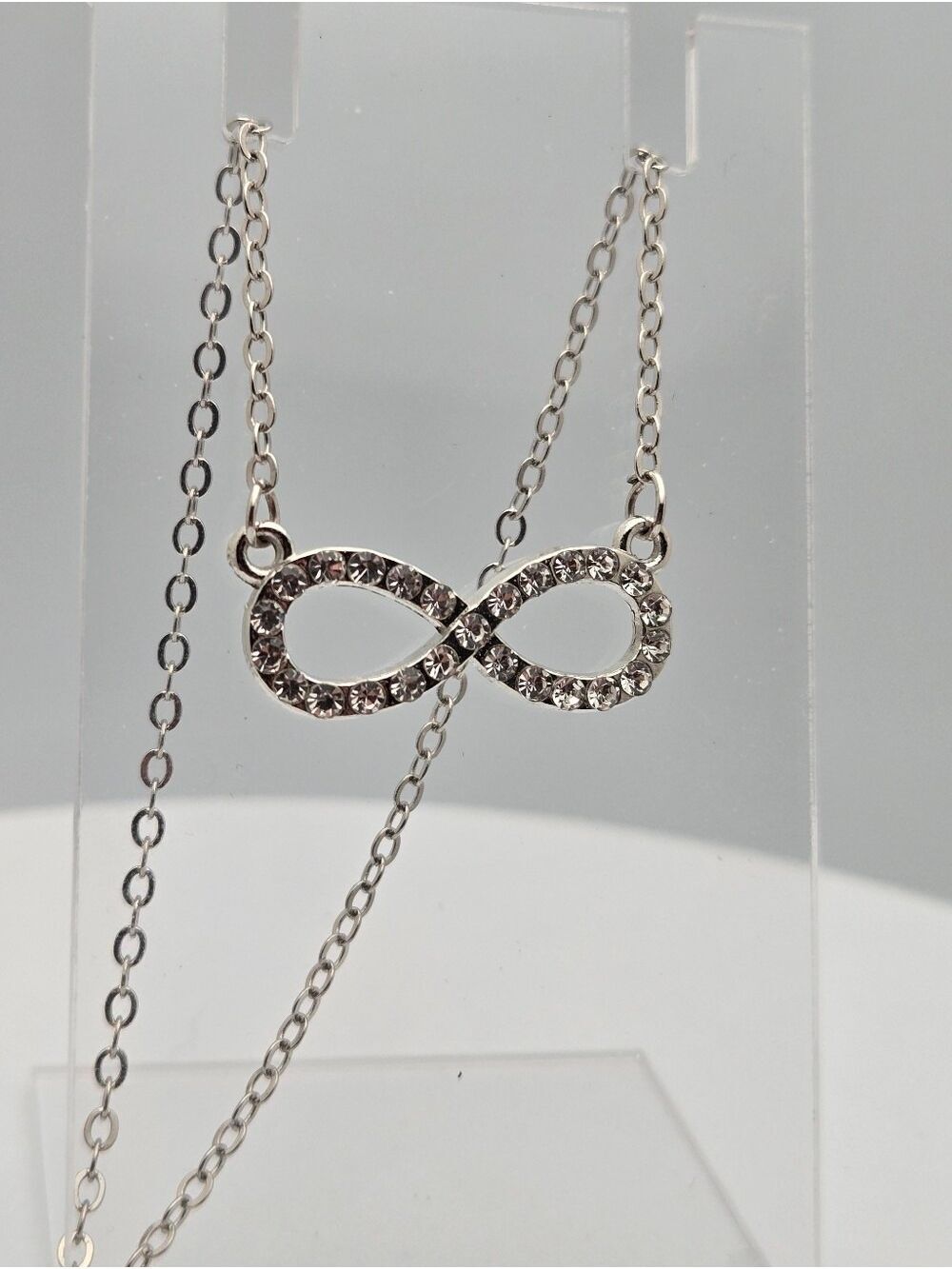 Infinity Necklace Silver Tone Rhinestone Diamond Accent Pendant 17” + Ext New